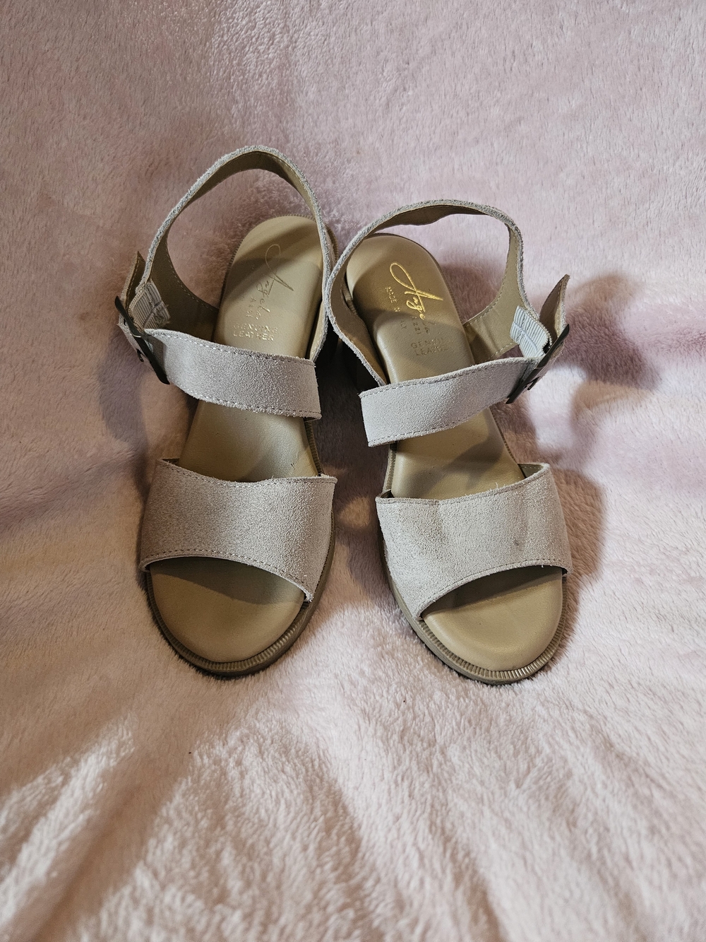 Neutral Suede Wedge Sandals with Ankle Strap